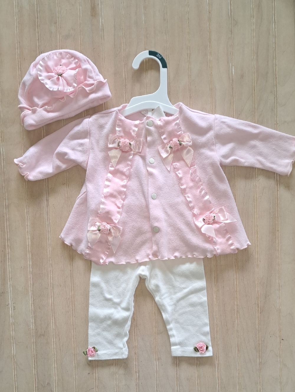 Mothermaid Original 3 Piece Set Ruffle Bows Cardigan Leggings Hat Shabby Chic
